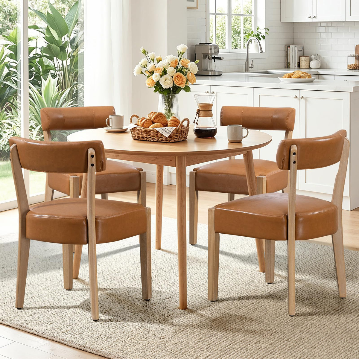 ZJhome Dining Chairs Set of 4,Mid Century Modern Dining Chair Set - Linen Upholstered Low Back Kitchen & Dining Room Chairs with Woven Design,Oatmeal Fabric