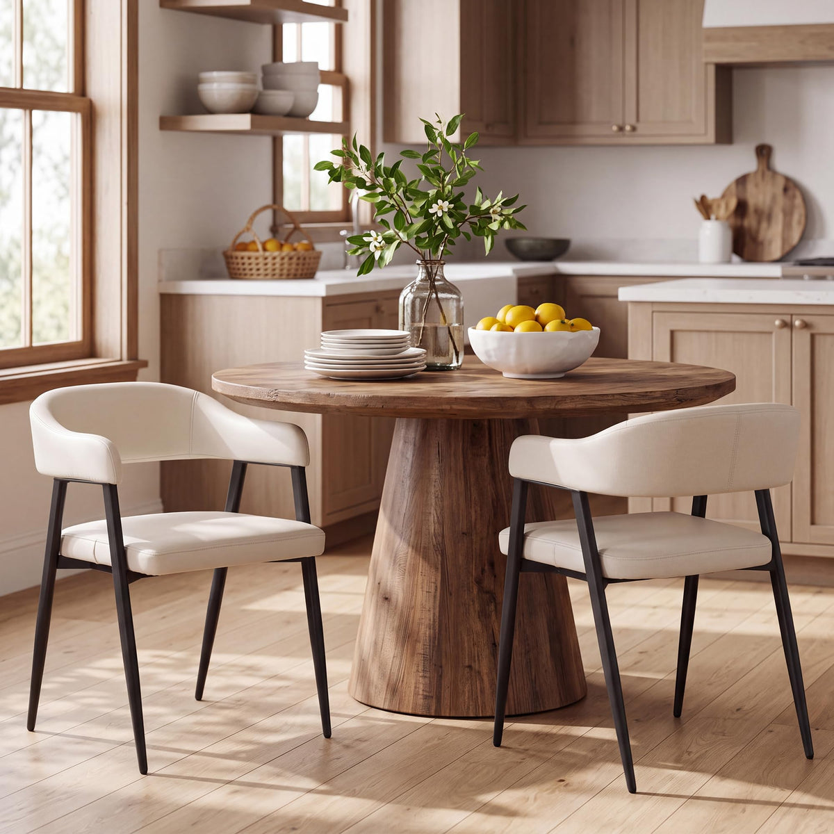 HNY Modern Dining Room Arm Chairs Set of 6, Retro Faux Leather Upholstered Barrel Dining Chairs with Arms Mid-Century Brown Accent Chair with Metal Legs, Open-Back Kitchen Side Chair for Living Room