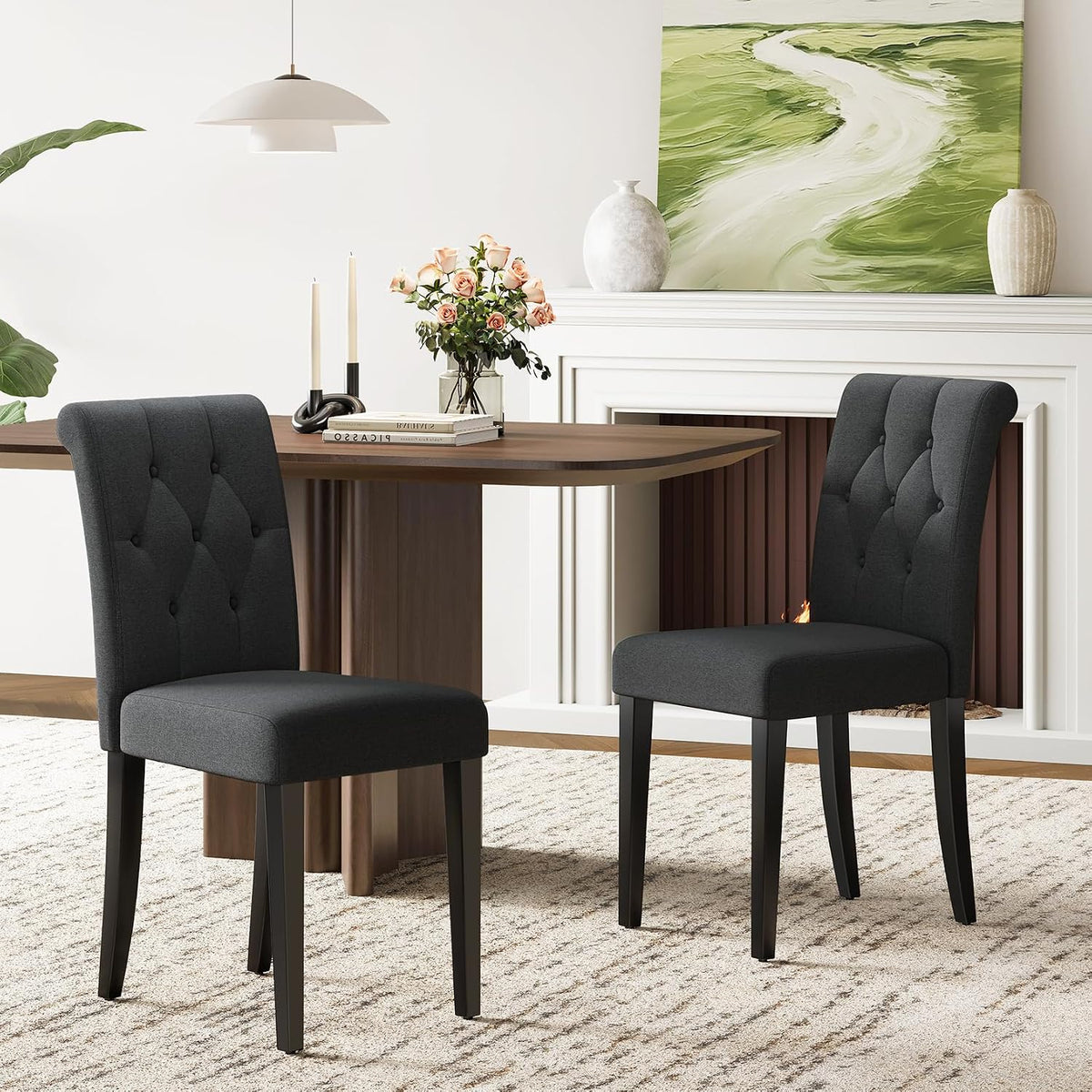 Welzona Upholstered Dining Chairs Set of 4, Button Tufted Parsons Dining Chair with Solid Wood Legs, Modern Fabric Side Chair for Dining Room/Kitchen/Restaurant/Hotel- Black