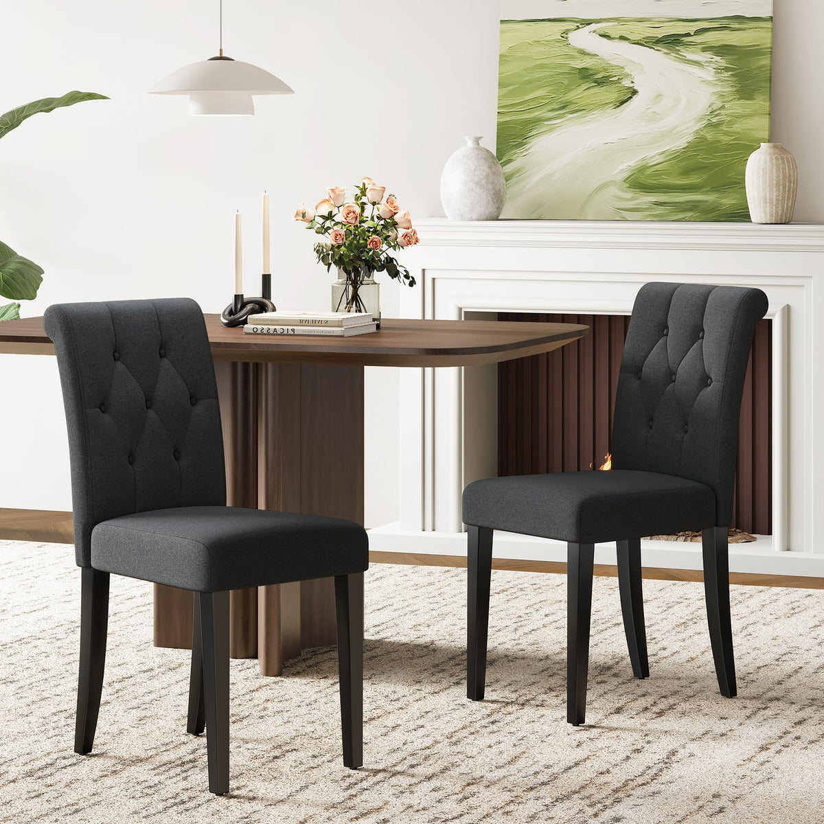 Welzona Upholstered Dining Chairs Set of 4, Button Tufted Parsons Dining Chair with Solid Wood Legs, Modern Fabric Side Chair for Dining Room/Kitchen/Restaurant/Hotel- Black