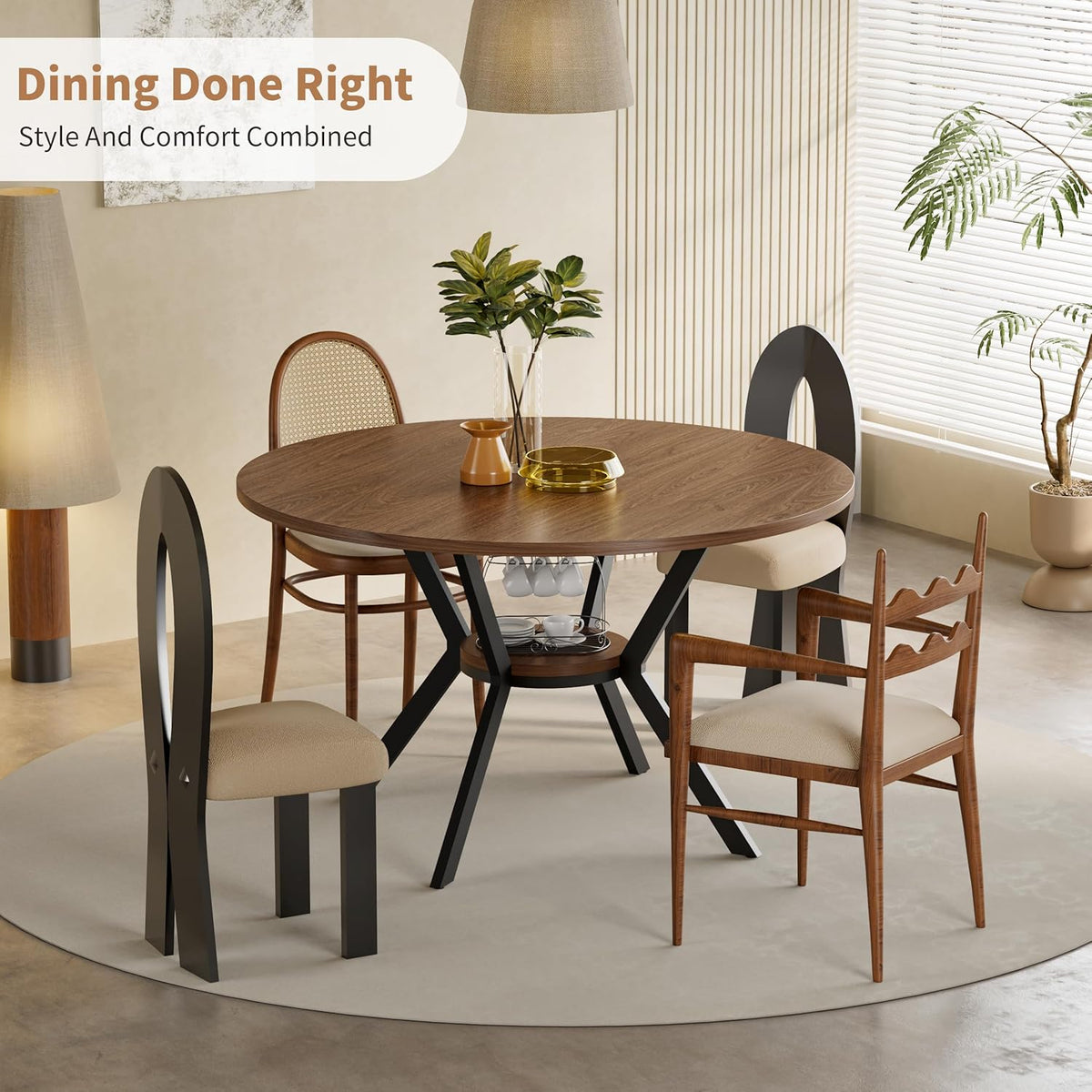42" Round Dining Table for 4, Farmhouse Kitchen Table with Storage, Space Saving Circle Dinner Table, Rustic Wood Kitchen & Dining Room Tables with Metal Legs for Home, Apartment, Office, Restaurant