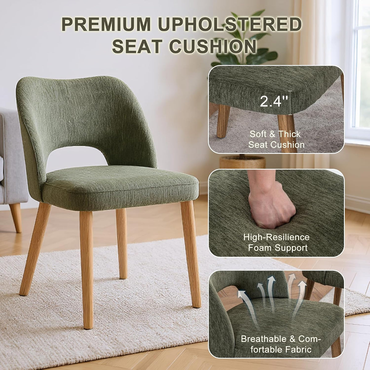 Modern Dining Chairs Set of 4, Upholstered Fabric Kitchen Chairs with Butterfly Hollow Back, Solid Wood Legs, Easy Assembly, Farmhouse Style for Kitchen & Dining Room, Green
