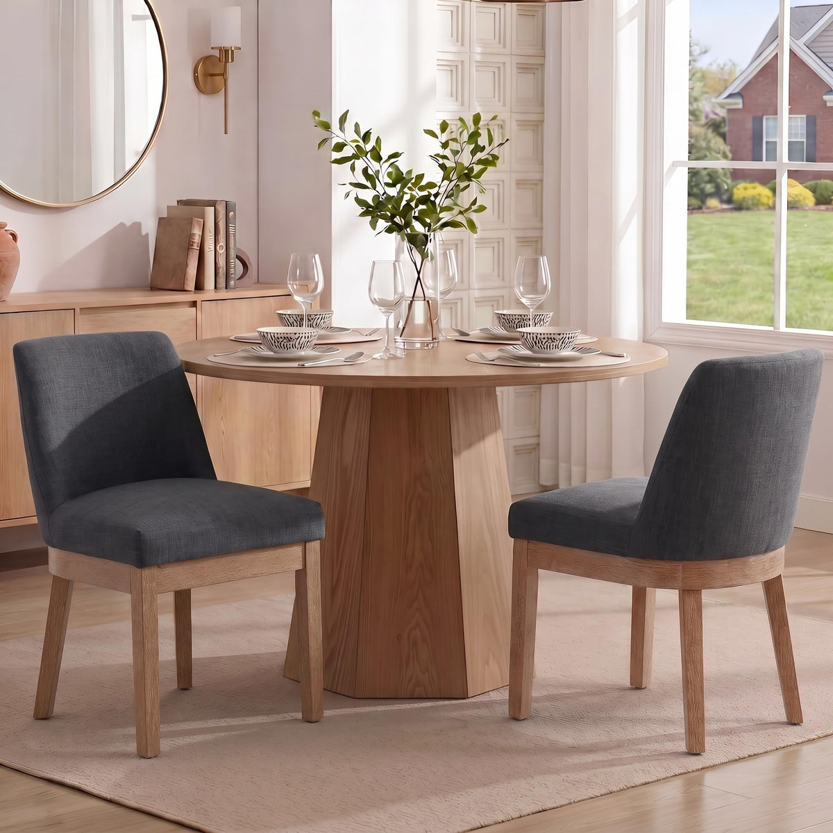 RIVOVA Upholstered Dining Chairs Set of 4, Modern Wooden Dining Room Chair Linen Fabric Kitchen Chairs Farmhouse Dinner Chair with Hardwood Frame, Beige