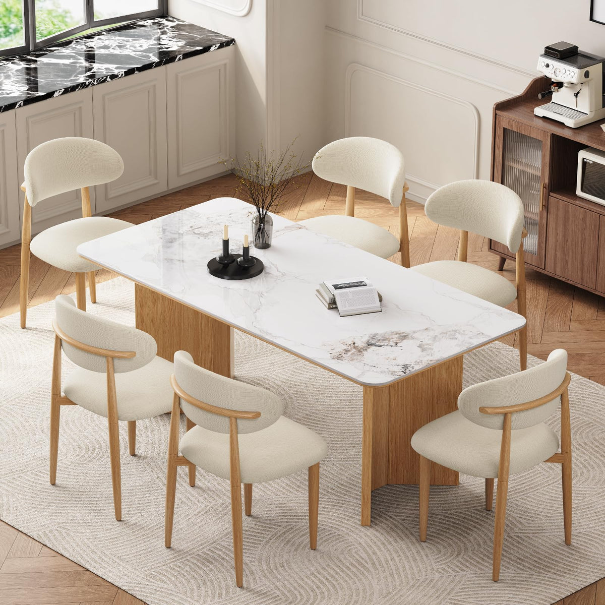 Dining Chairs, Modern Fabric Upholstered Dining Room Chair MetalKitchen Chairs, Farmhouse Dinner Chair for Kitchen Dining Room, Beige (4, Beige Seat/Wood-Grain Metal Legs)