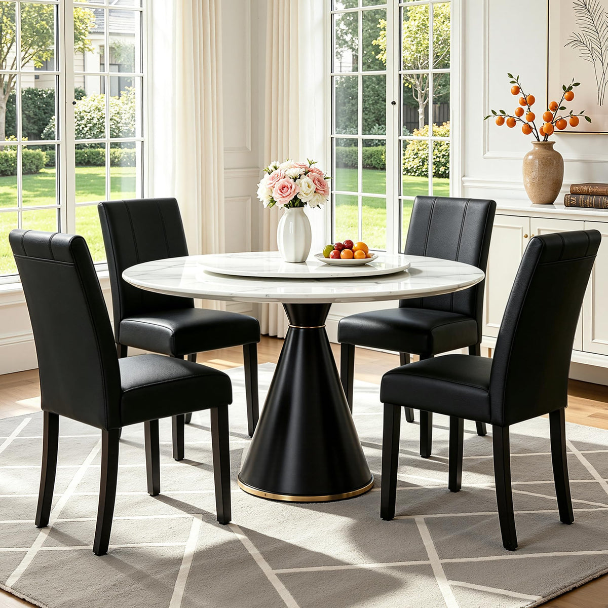 CHUN YI Dining Chairs Set of 4, Faux Leather Dining Room Chairs, Upholstered Modern Kitchen Parsons Chairs for Dining Room with Sturdy Wood Legs, Black (Only Chair)