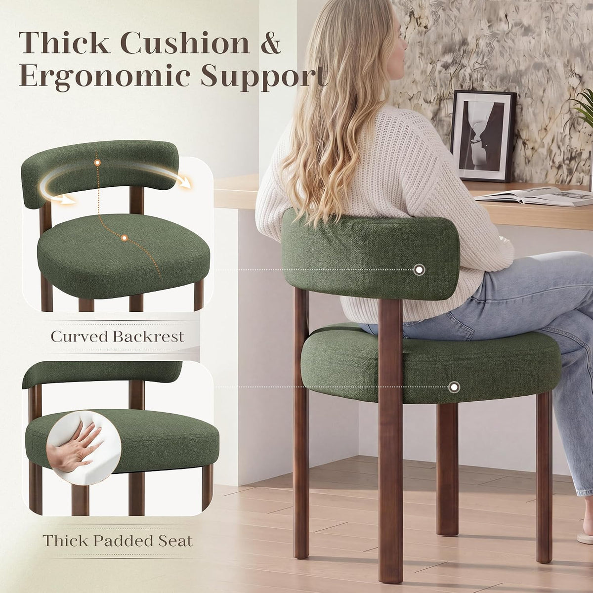 Wooden Dining Chairs Set of 2, Upholstered Kitchen Chairs with Solid Wood Legs, Mid Century Dining Room Chair with Ergonomic Curved Backrest for Kitchen Dining Vanity, Green