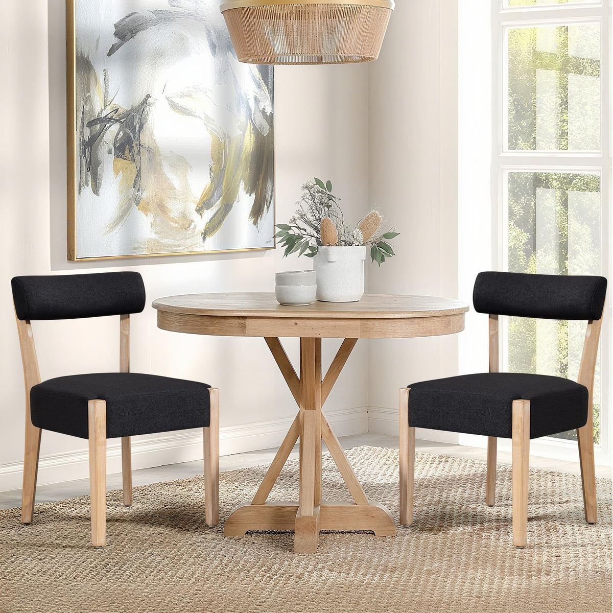 ZJhome Dining Chairs Set of 4,Mid Century Modern Dining Chair Set - Linen Upholstered Low Back Kitchen & Dining Room Chairs with Woven Design,Oatmeal Fabric