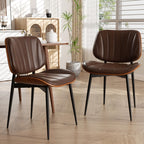 Dining Chairs Set of 2, Mid Century Modern Dining Room Chair, Upholstered Faux Leather Kitchen Chairs with Walnut Bentwood Back and Metal Legs for Kitchen Dining Room Living Room, Black