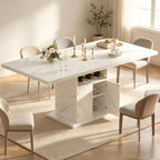 Extendable Rectangle Dining Table for 4-6, 47-63 Inch Faux Marble Kitchen Table with Storage Shelves and Wine Rack, Expandable Modern Rectangular Dinner Table for Kitchen, Dining Room, Black Pedestal