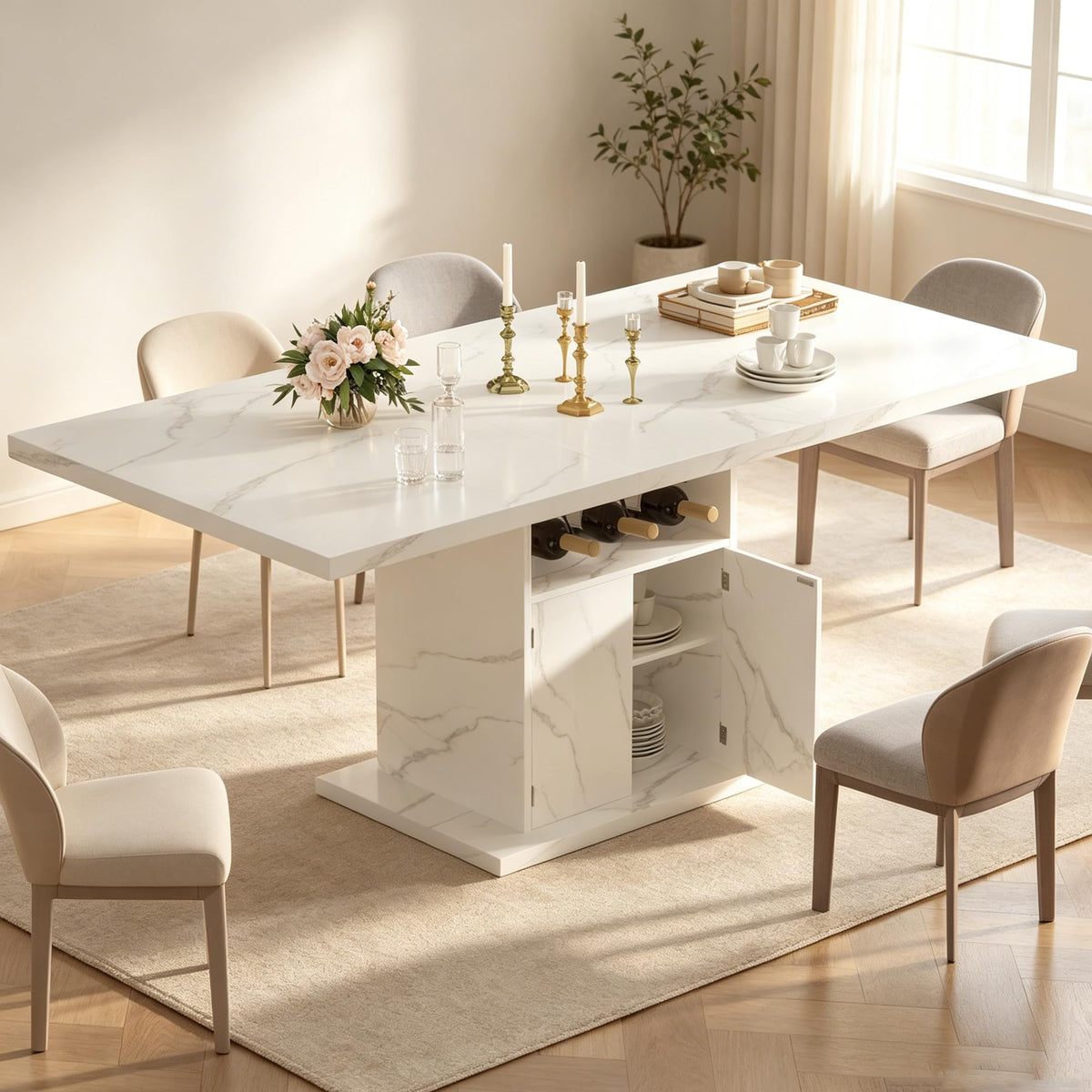 Extendable Rectangle Dining Table for 4-6, 47-63 Inch Faux Marble Kitchen Table with Storage Shelves and Wine Rack, Expandable Modern Rectangular Dinner Table for Kitchen, Dining Room, Black Pedestal