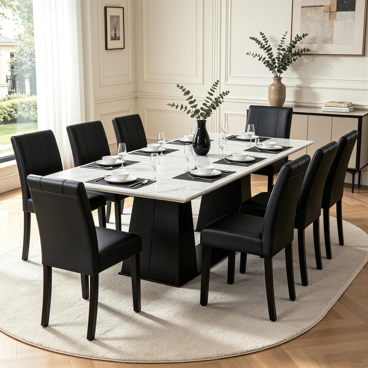 CHUN YI Dining Chairs Set of 4, Faux Leather Dining Room Chairs, Upholstered Modern Kitchen Parsons Chairs for Dining Room with Sturdy Wood Legs, Black (Only Chair)
