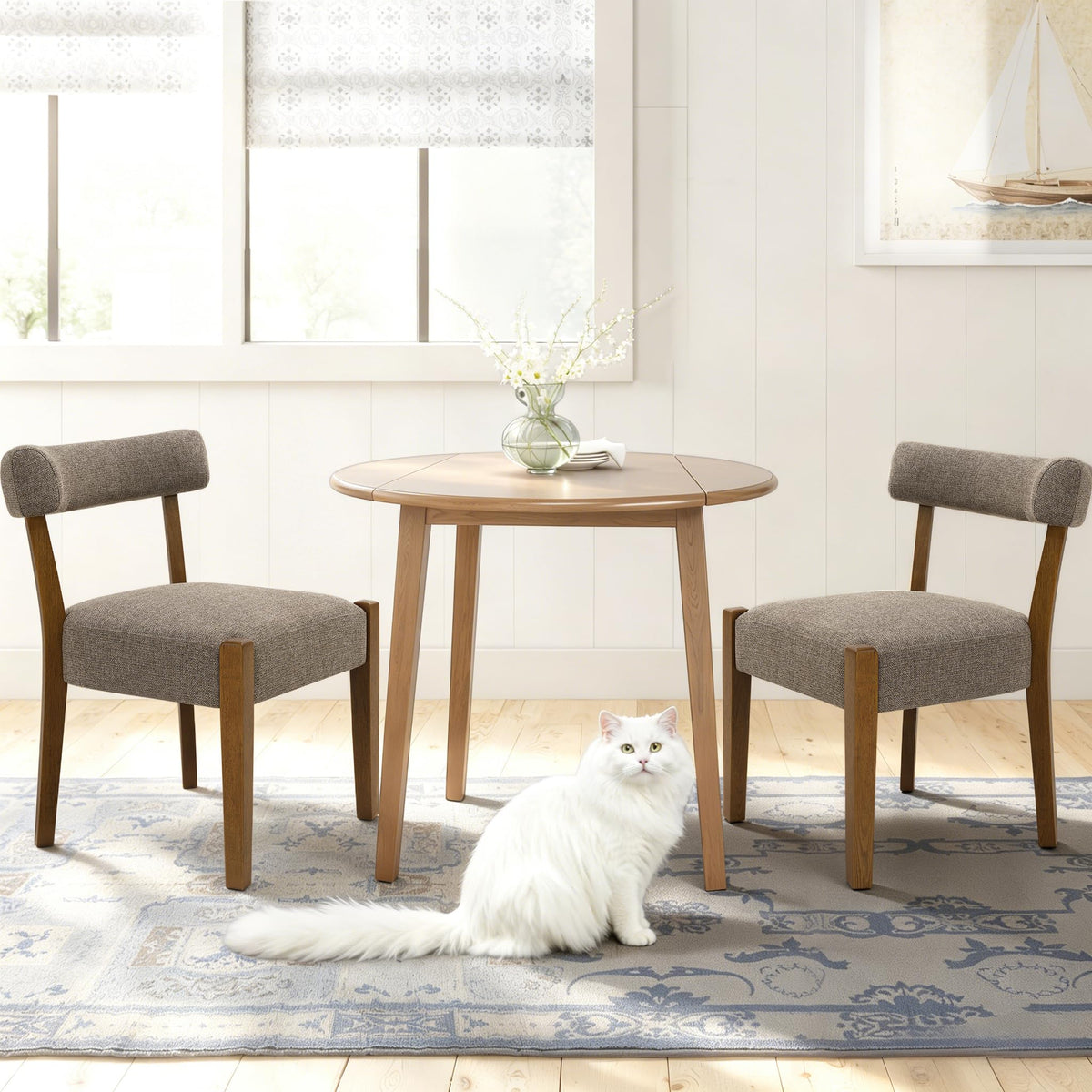 RNKSFX Modern Dining Chairs Set of 4, Faux Leather Upholstered Kitchen & Dining Room Chairs, Mid Century Modern Wooden Dining Chairs Oversized Sturdy Rounded Chairs Curved Back, Beige