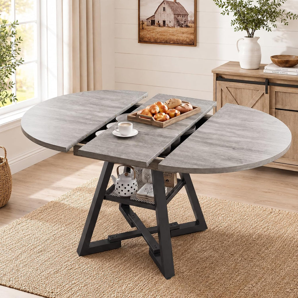 Jocoevol Extendable Round Dining Table for 4-8, Round to Oval Dining Table with Open Storage Shelf, Space Saving Expandable Kitchen Table, Modern Design for Apartments & Dining Rooms,Grey
