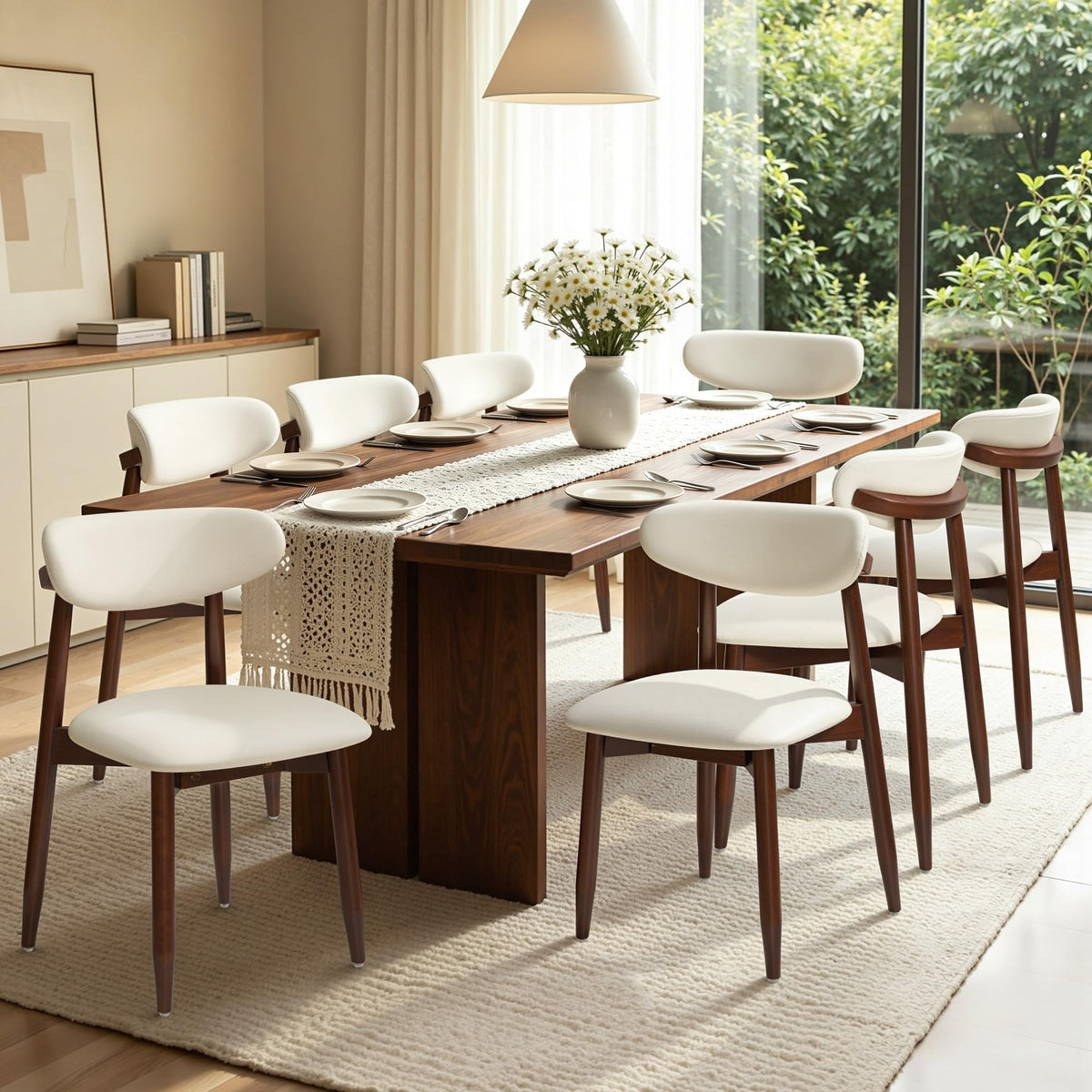 CHUN YI Dining Chairs Set of 4, Upholstered Wooden Dining Room Chairs, Mid Century Modern Fabric Kitchen Chair with Ergonomic Curved Backrest, Beige (Only Chairs)