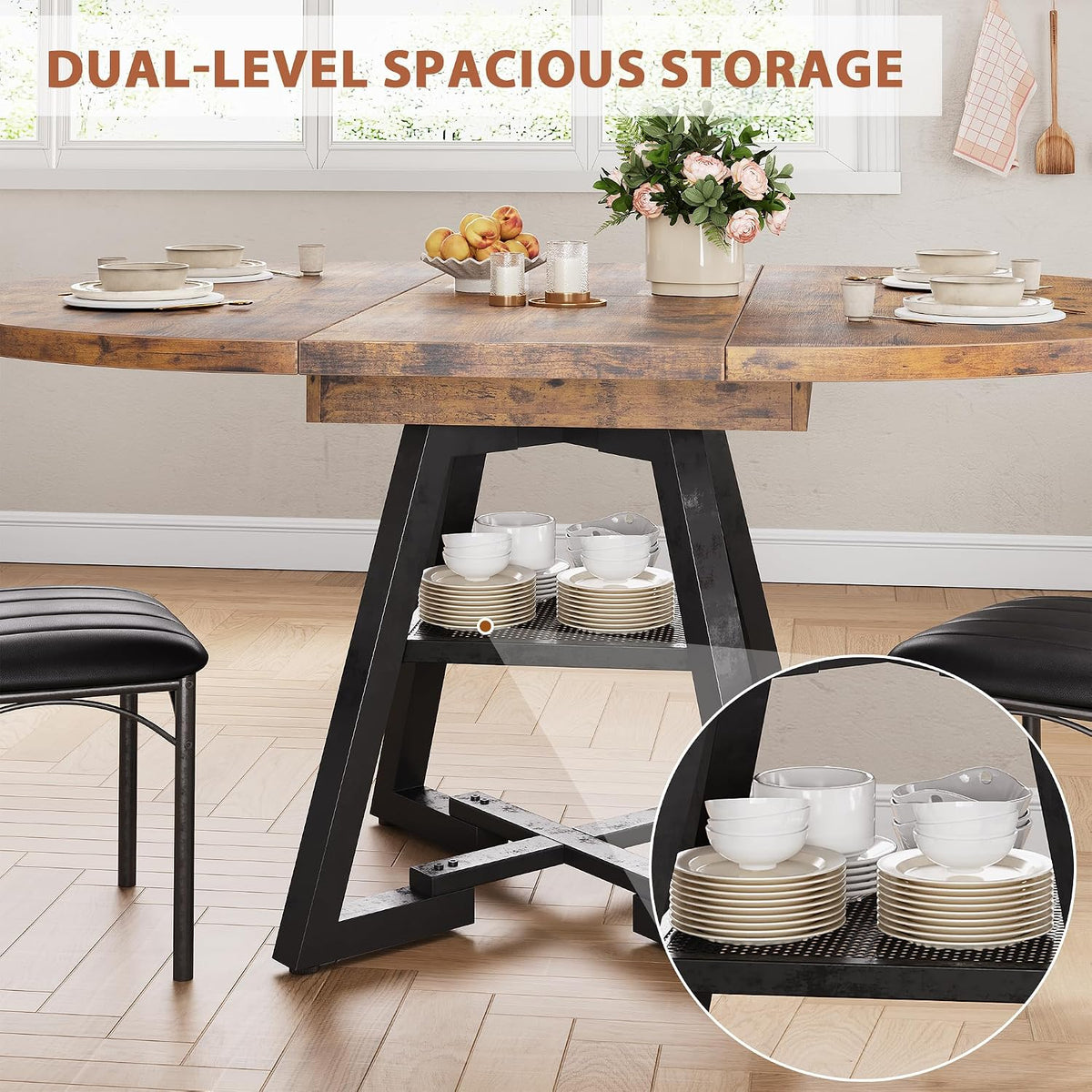 43‘’-57‘’ Extendable Round Dining Table for 4-6, Modern Industrial Kitchen Oval Dining Table with Removable Leaves, Space Saving Pedestal Base with Storage Shelf for Kitchen Living Room (Rustic)