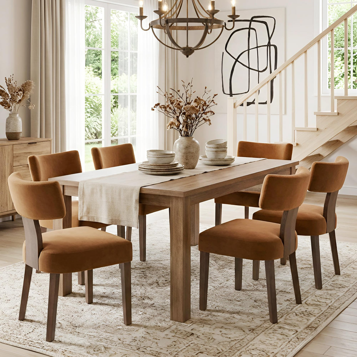 HNY Mid Century Modern Dining Chairs Set of 4, Upholstered Linen Kitchen & Dining Room Chairs with Ergonomic Curved Backrest, Solid Wood Legs, Farmhouse Accent Chair for Home, Apartment, Beige