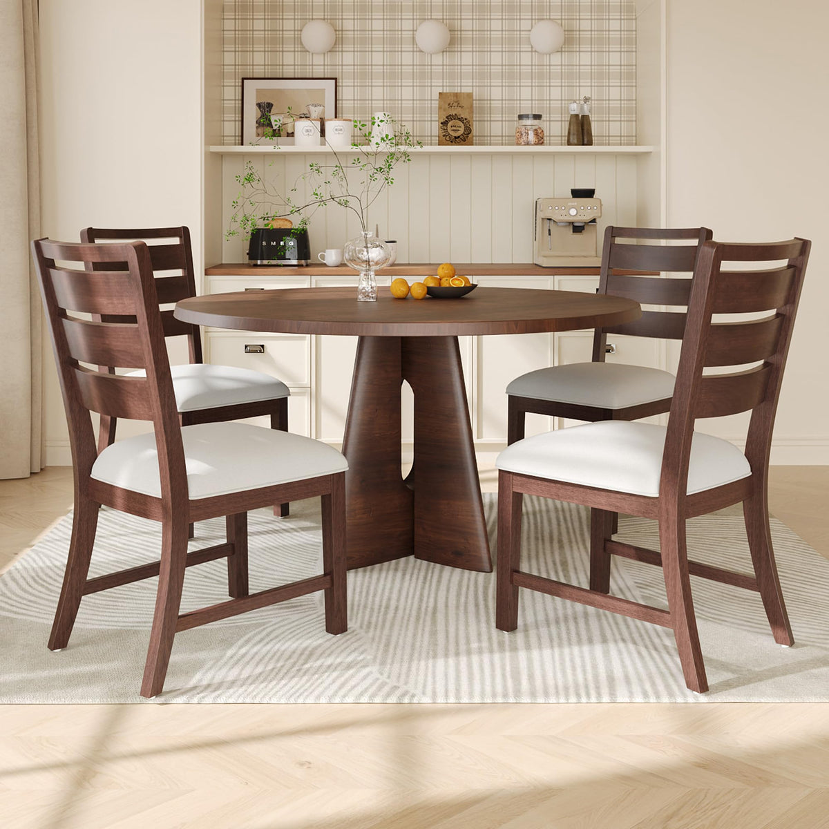 COLAMY Wooden Dining Chairs Set of 6, Farmhouse Upholstered Dining Room Chairs with 3.5" Thick Cushion, FSC Solid Wood Ladder Back Kitchen Chairs for Home and Restaurant, Easy Clean,Brown