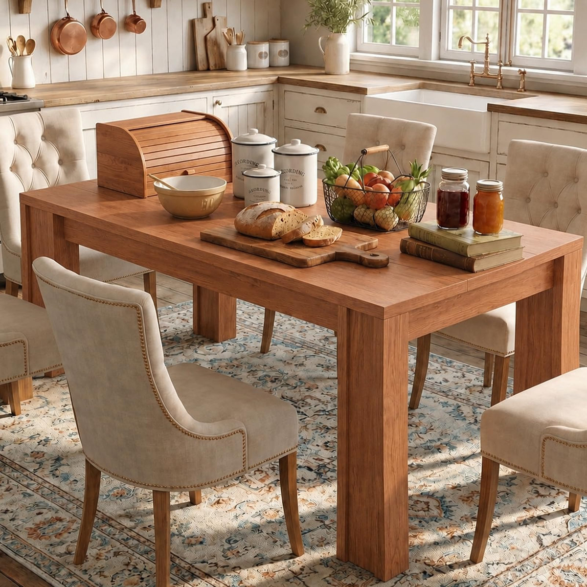 CABIHOME 71" Long Dining Table for 6-8, Rectangular Farmhouse Kitchen Dining Room Table w/Wider H Legs & Large Wooden Tabletop, Sturdy Frame, Wood Strip Base, for Apartment, Kitchen, Dining, Walnut