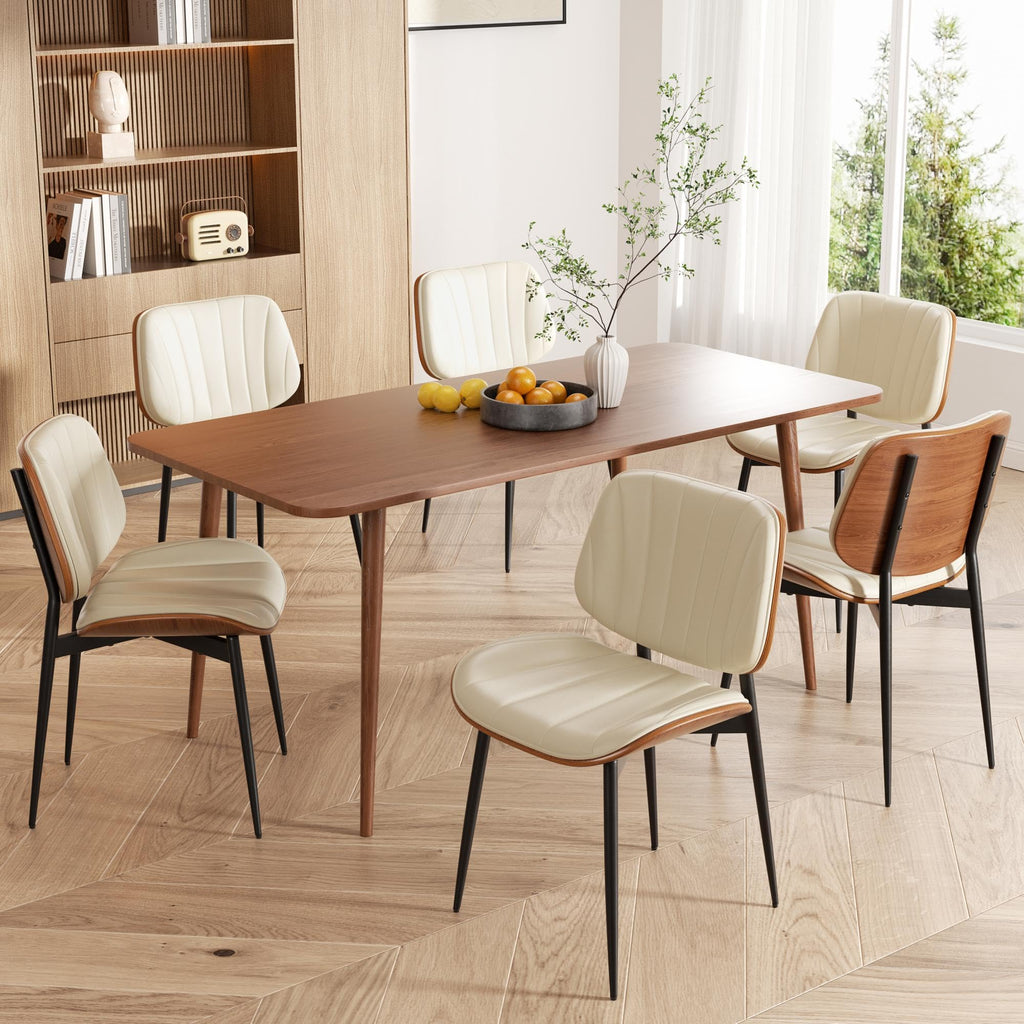 Dining Chairs Set of 2, Mid Century Modern Dining Room Chair, Upholstered Faux Leather Kitchen Chairs with Walnut Bentwood Back and Metal Legs for Kitchen Dining Room Living Room, Black