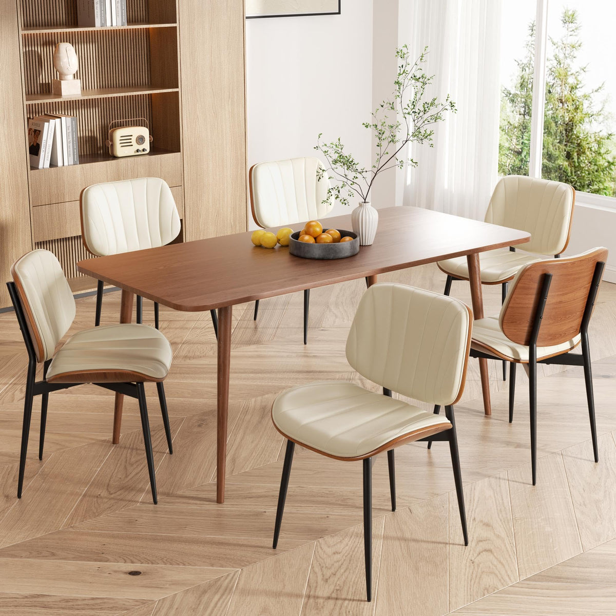 Dining Chairs Set of 2, Mid Century Modern Dining Room Chair, Upholstered Faux Leather Kitchen Chairs with Walnut Bentwood Back and Metal Legs for Kitchen Dining Room Living Room, Black