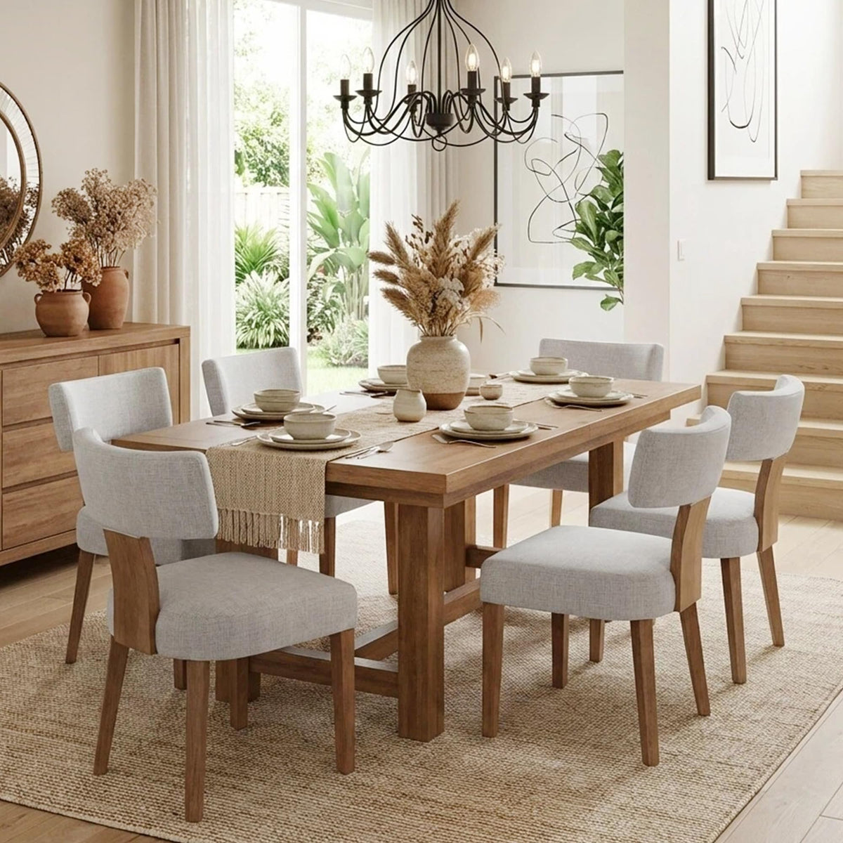 HNY Mid Century Modern Dining Chairs Set of 4, Upholstered Linen Kitchen & Dining Room Chairs with Ergonomic Curved Backrest, Solid Wood Legs, Farmhouse Accent Chair for Home, Apartment, Beige