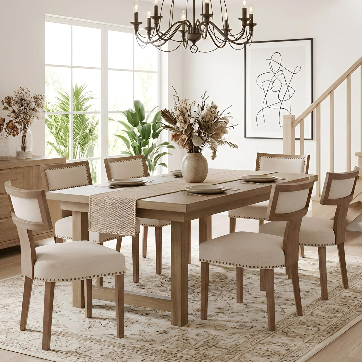 HNY Mid Century Modern Dining Chairs Set of 4, Upholstered Linen Kitchen & Dining Room Chairs with Ergonomic Curved Backrest, Solid Wood Legs, Farmhouse Accent Chair for Home, Apartment, Beige