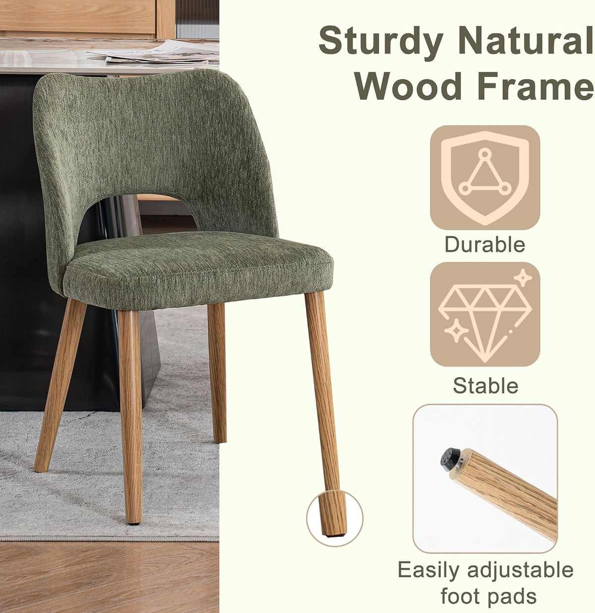Modern Dining Chairs Set of 4, Upholstered Fabric Kitchen Chairs with Butterfly Hollow Back, Solid Wood Legs, Easy Assembly, Farmhouse Style for Kitchen & Dining Room, Green
