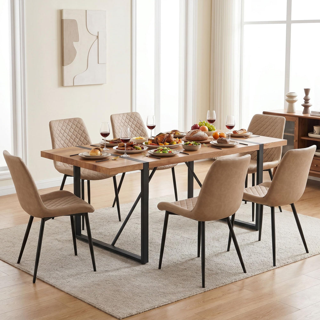PU Leather Dining Chairs Set of 4, Modern Armless Dining Room Chairs, Comfy Upholstered Kitchen Chairs with Backrest, Black Metal Legs for Living Room, Dinning Room, Beige