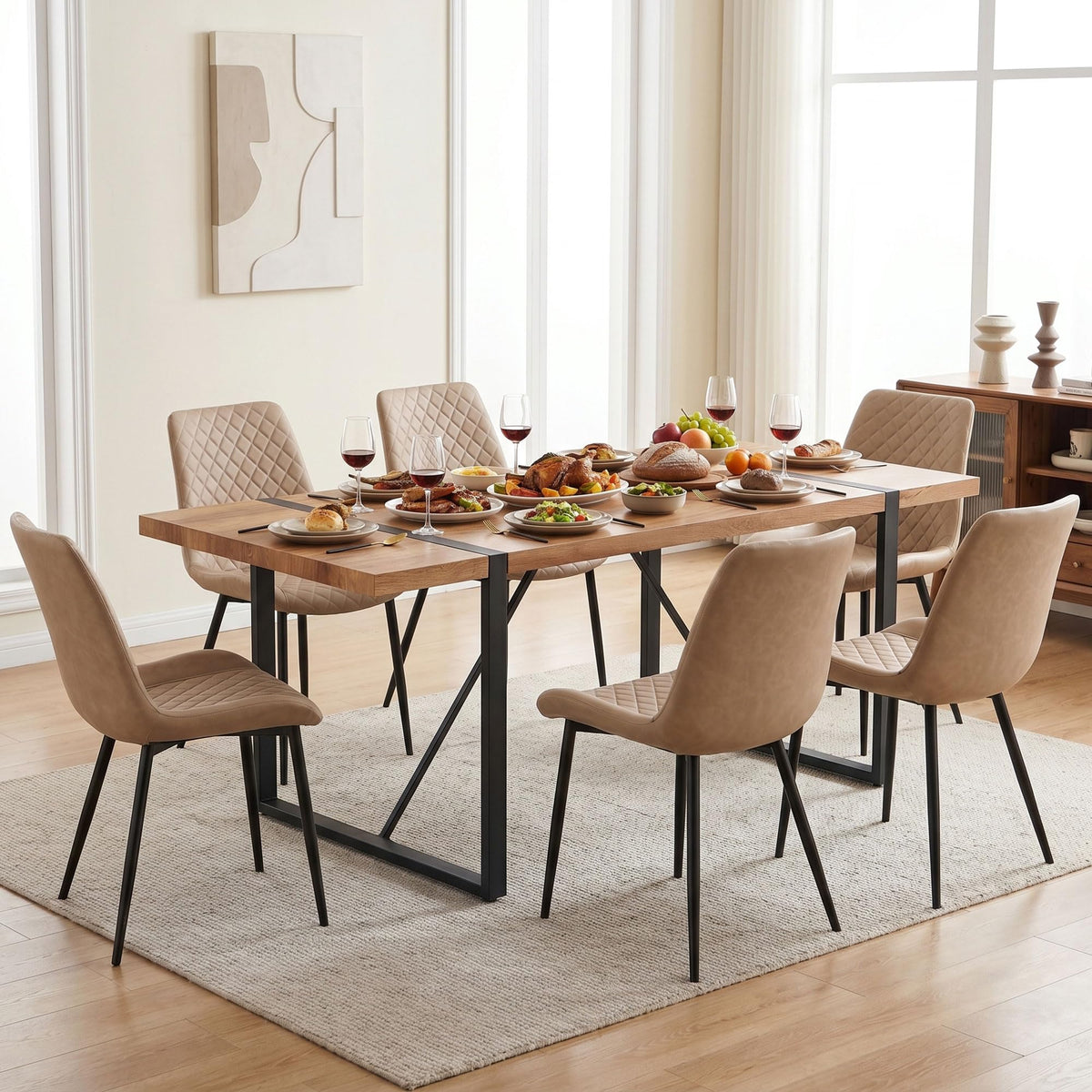 PU Leather Dining Chairs Set of 4, Modern Armless Dining Room Chairs, Comfy Upholstered Kitchen Chairs with Backrest, Black Metal Legs for Living Room, Dinning Room, Beige