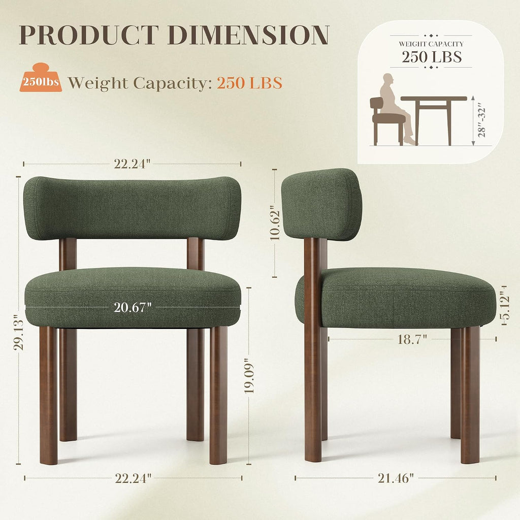 Wooden Dining Chairs Set of 2, Upholstered Kitchen Chairs with Solid Wood Legs, Mid Century Dining Room Chair with Ergonomic Curved Backrest for Kitchen Dining Vanity, Green