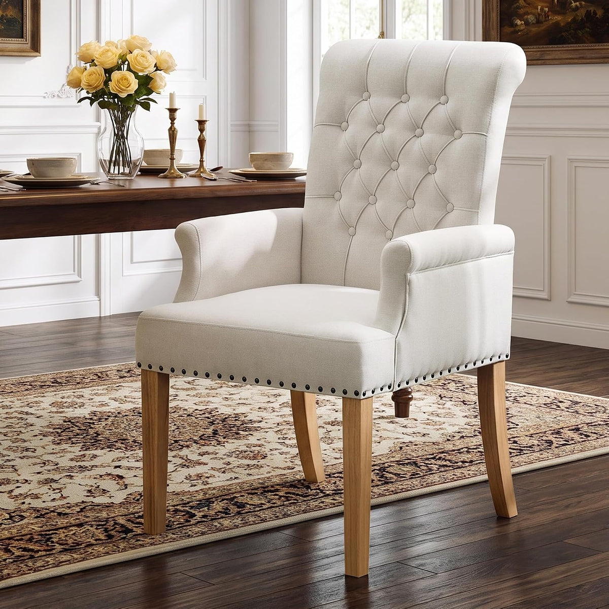 WUTUTUEE Fabric Dining Chair with Arms, Upholstered Tufted High Back Dining Room Chairs, Accent Armchair with Solid Wood Leg and Nailhead Trim, Kitchen Dining Living Room, Beige