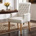 WUTUTUEE Fabric Dining Chair with Arms, Upholstered Tufted High Back Dining Room Chairs, Accent Armchair with Solid Wood Leg and Nailhead Trim, Kitchen Dining Living Room, Beige