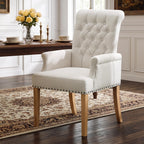 WUTUTUEE Fabric Dining Chair with Arms, Upholstered Tufted High Back Dining Room Chairs, Accent Armchair with Solid Wood Leg and Nailhead Trim, Kitchen Dining Living Room, Beige