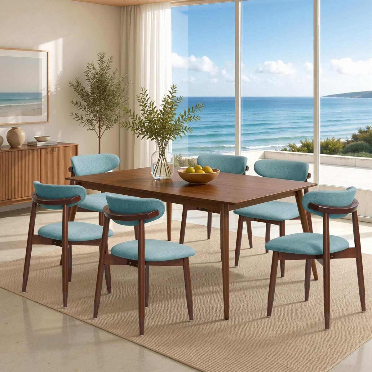CHUN YI Dining Chairs Set of 4, Upholstered Wooden Dining Room Chairs, Mid Century Modern Fabric Kitchen Chair with Ergonomic Curved Backrest, Beige (Only Chairs)