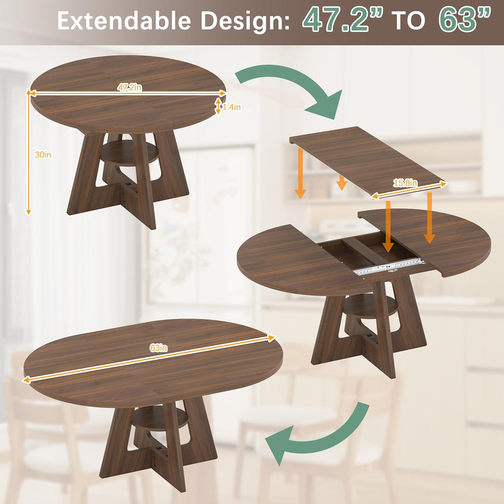 47.2"-63" Extendable Round Dining Table for 4-8, Kitchen Table