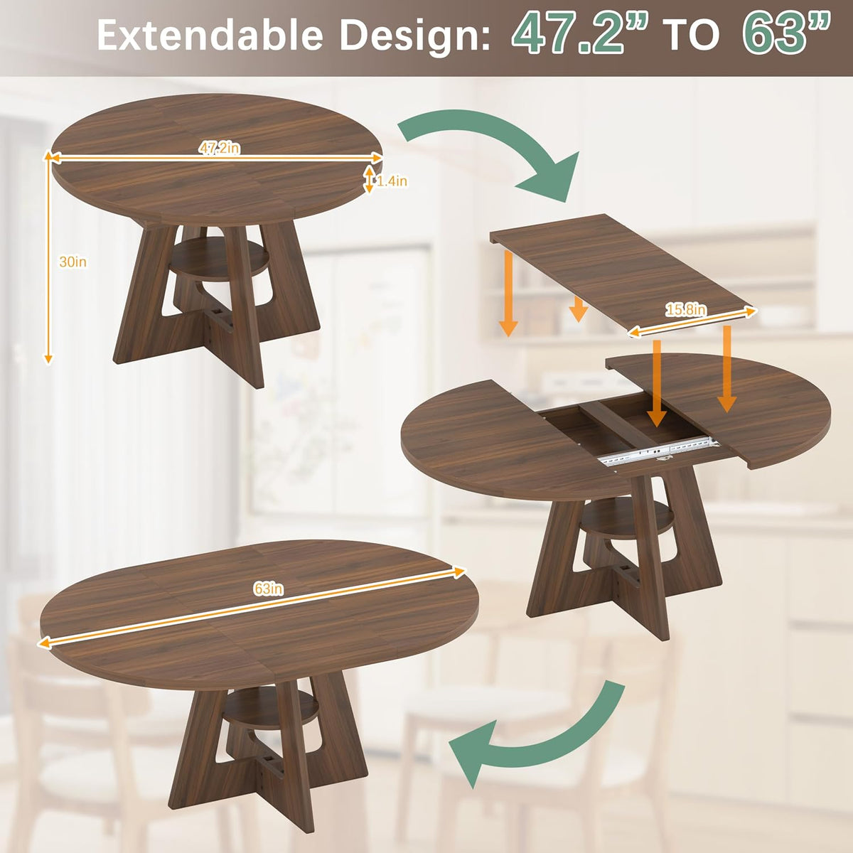 47.2"-63" Extendable Round Dining Table for 4-8, Kitchen Table