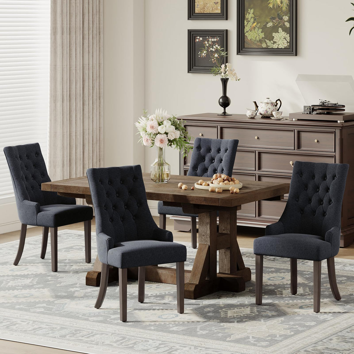 COLAMY Wingback Upholstered Dining Chairs Set of 4, Fabric Side Dining Room Chairs with Tufted Button, Living Room Chairs for Home Kitchen Resturant- Beige