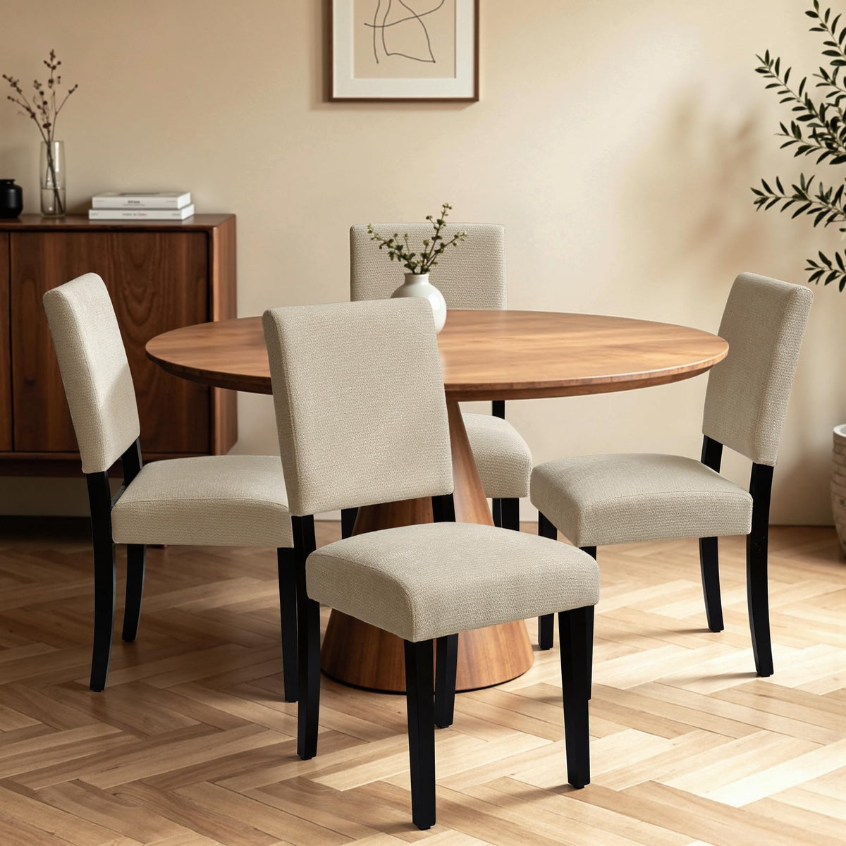 CHUN YI Dining Chairs Set of 4, Upholstered Dining Room Chairs, Modern Farmhouse Parsons Chairs with Solid Wood Legs & Fabric Padded Seat for Kitchen/Living Room/Restaurant, Beige