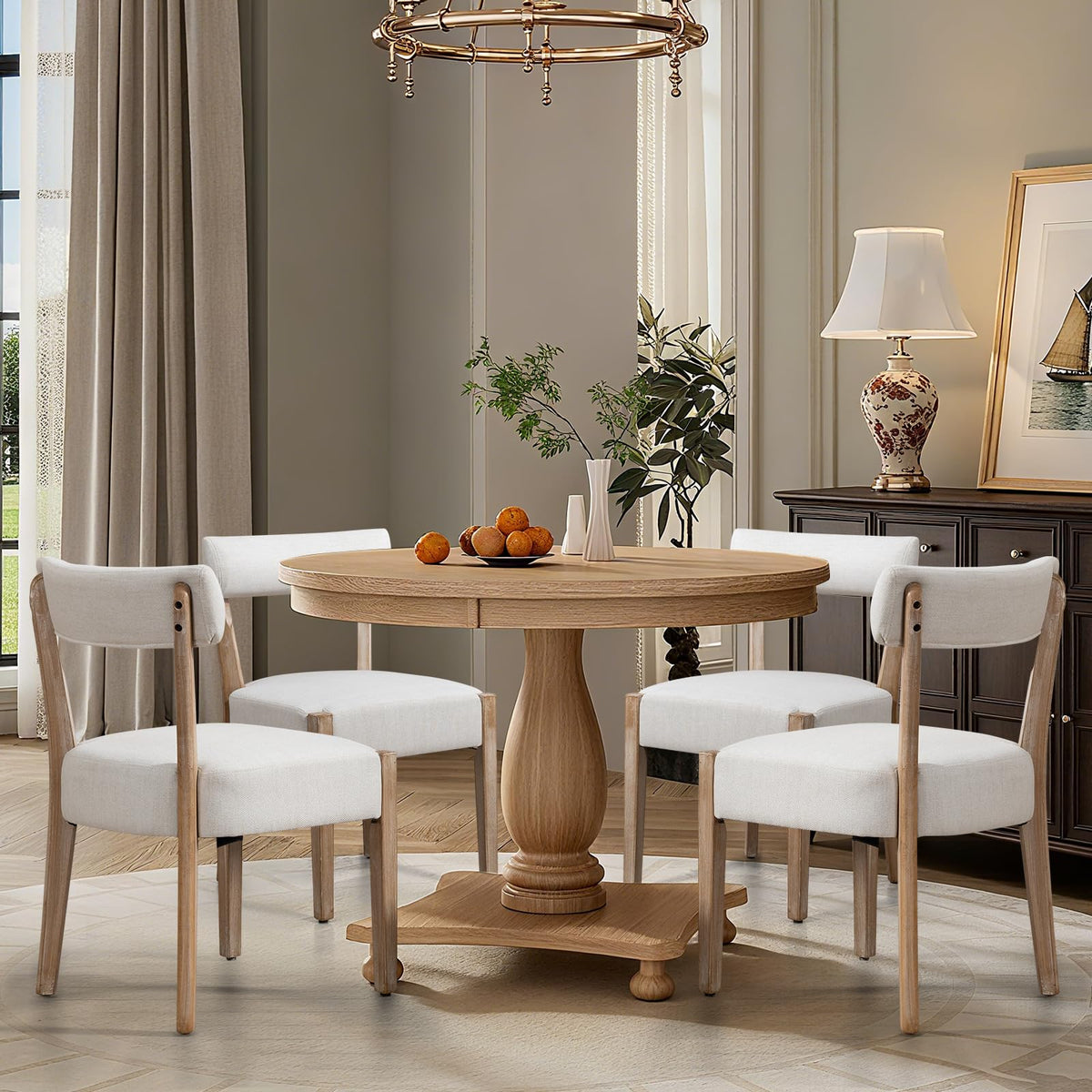 ZJhome Dining Chairs Set of 4,Mid Century Modern Dining Chair Set - Linen Upholstered Low Back Kitchen & Dining Room Chairs with Woven Design,Oatmeal Fabric