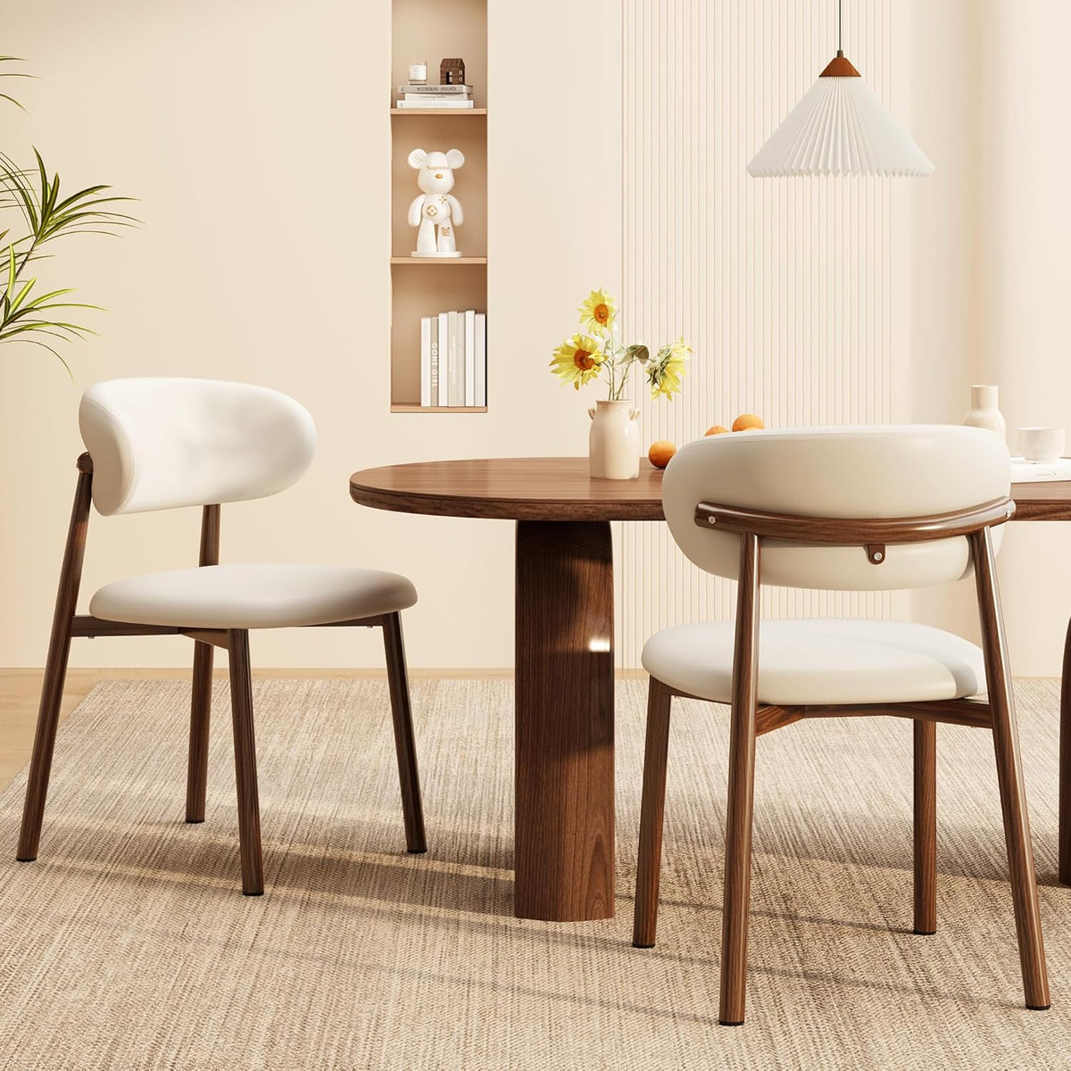 Kitchen Dining Chairs Set of 4 Modern Upholstered Leather Farmhouse Dining Room Chair, Walnut/Beige