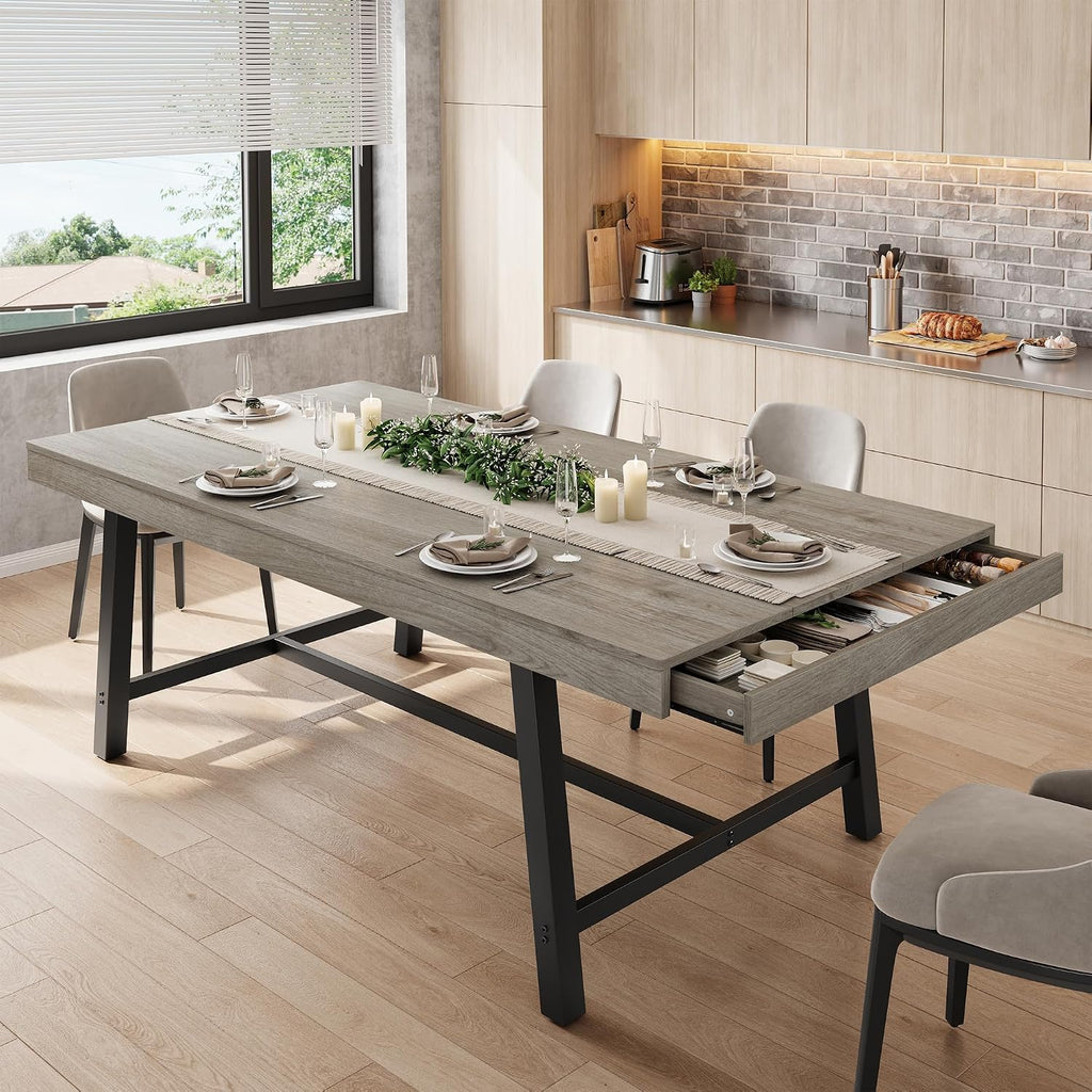 Industrial Dining Table for 6, 70.9" Rectangular Kitchen Table with Hidden 2 Storage Drawers, Wooden Dining Room Table with Heavy Duty Metal Frame, Kitchen & Dining Room Table for 6-8 People, Grey