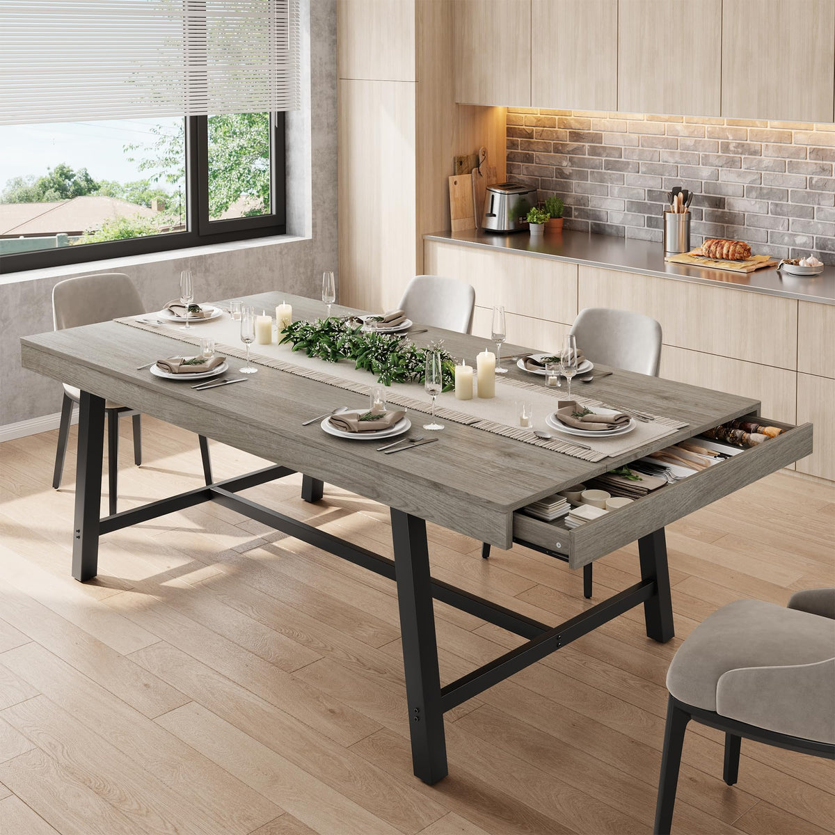 Industrial Dining Table for 6, 70.9" Rectangular Kitchen Table with Hidden 2 Storage Drawers, Wooden Dining Room Table with Heavy Duty Metal Frame, Kitchen & Dining Room Table for 6-8 People, Grey