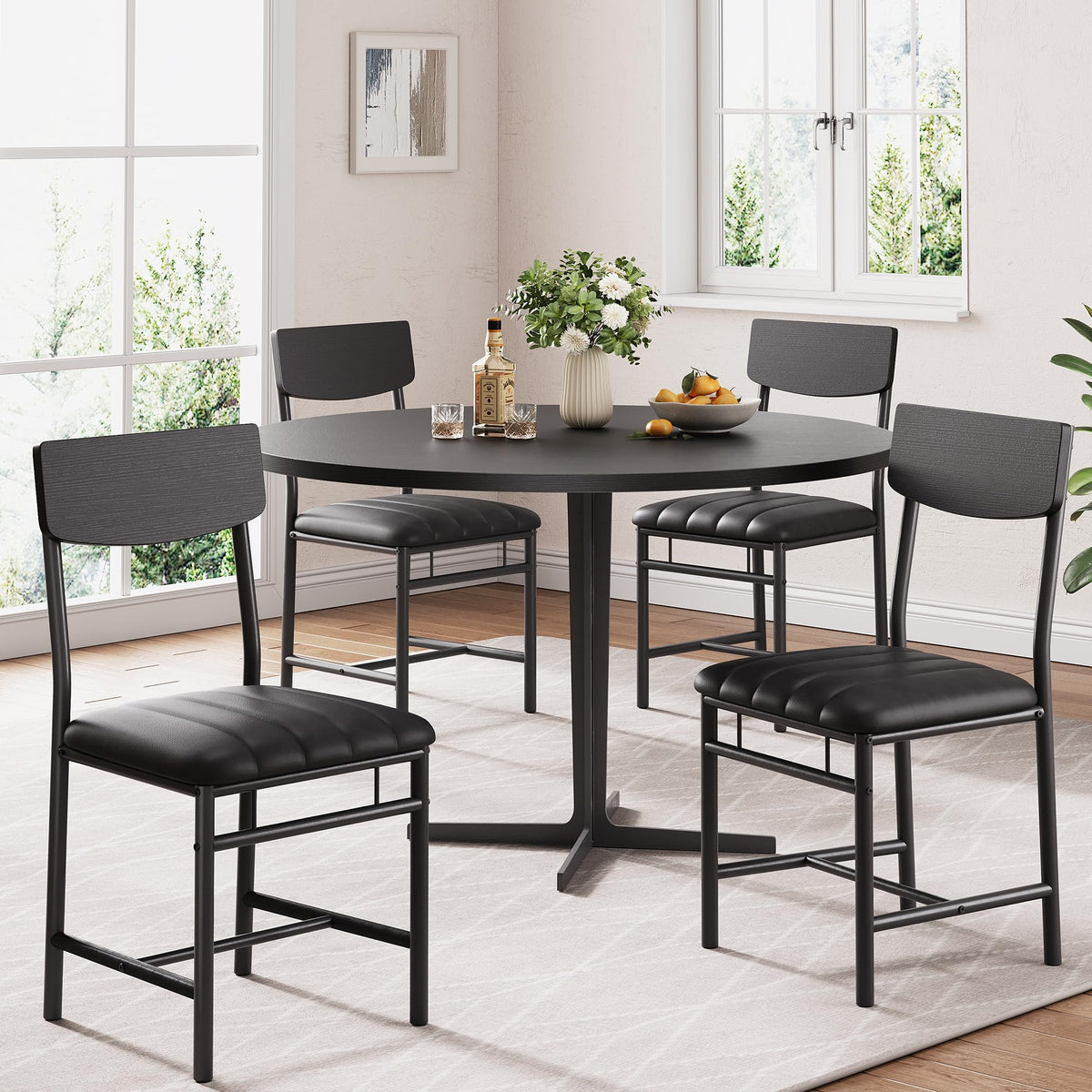 Jocoevol Industrial Dining Chairs Set of 4 - Upholstered Dining Room Chairs with PU Leather, Kitchen Chairs with Wooden Backrest and Thickened Metal Legs, for Dining Room, Living Room（Rustic Brown）