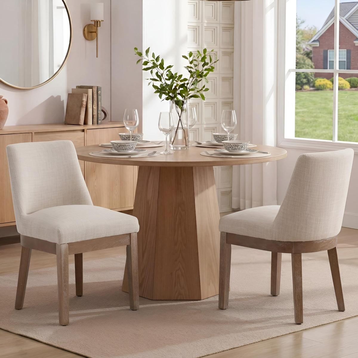 RIVOVA Upholstered Dining Chairs Set of 4, Modern Wooden Dining Room Chair Linen Fabric Kitchen Chairs Farmhouse Dinner Chair with Hardwood Frame, Beige