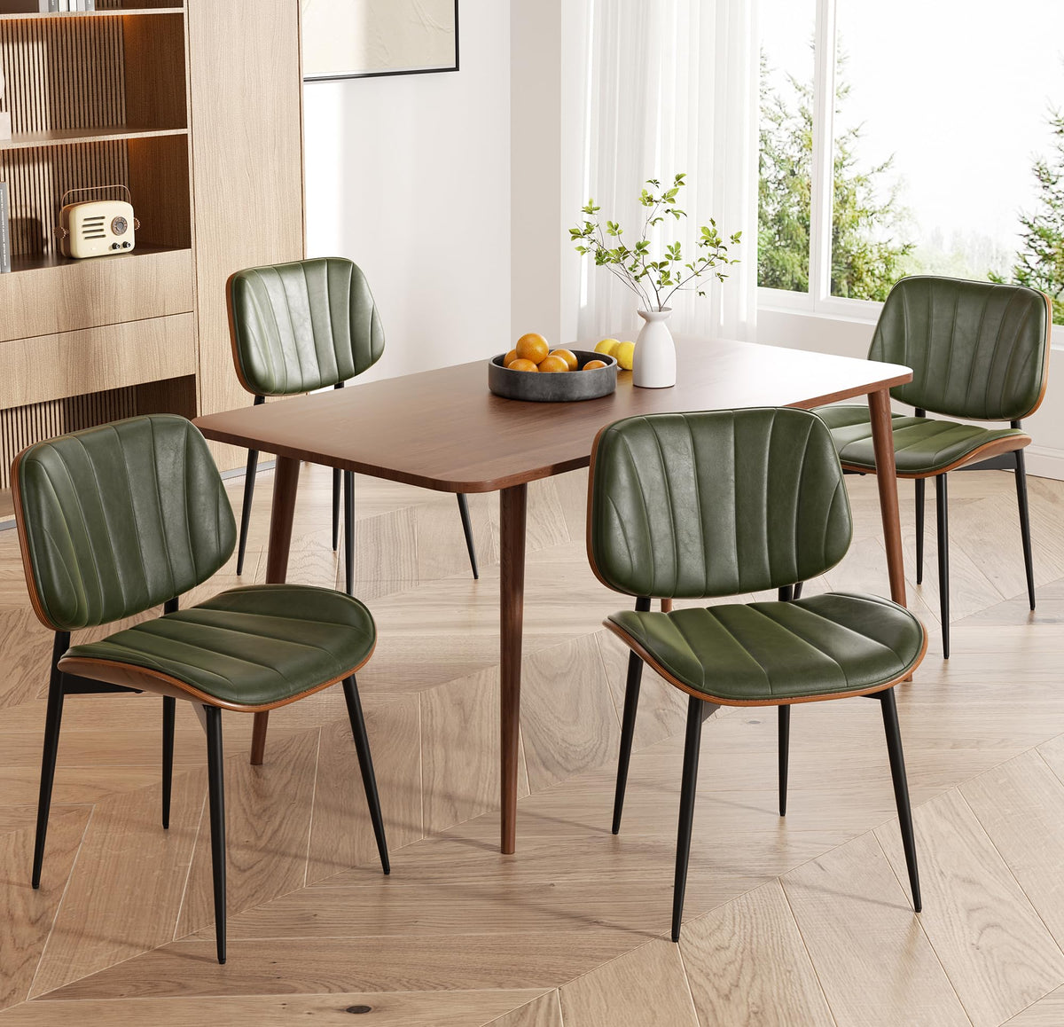 Dining Chairs Set of 2, Mid Century Modern Dining Room Chair, Upholstered Faux Leather Kitchen Chairs with Walnut Bentwood Back and Metal Legs for Kitchen Dining Room Living Room, Black