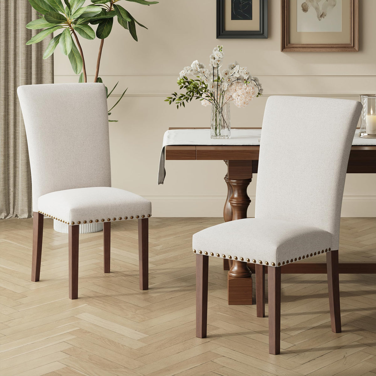 COLAMY Upholstered Parsons Dining Chairs Set of 4, Fabric Dining Room Kitchen Side Chair with Nailhead Trim and Wood Legs - Blue/White Flower