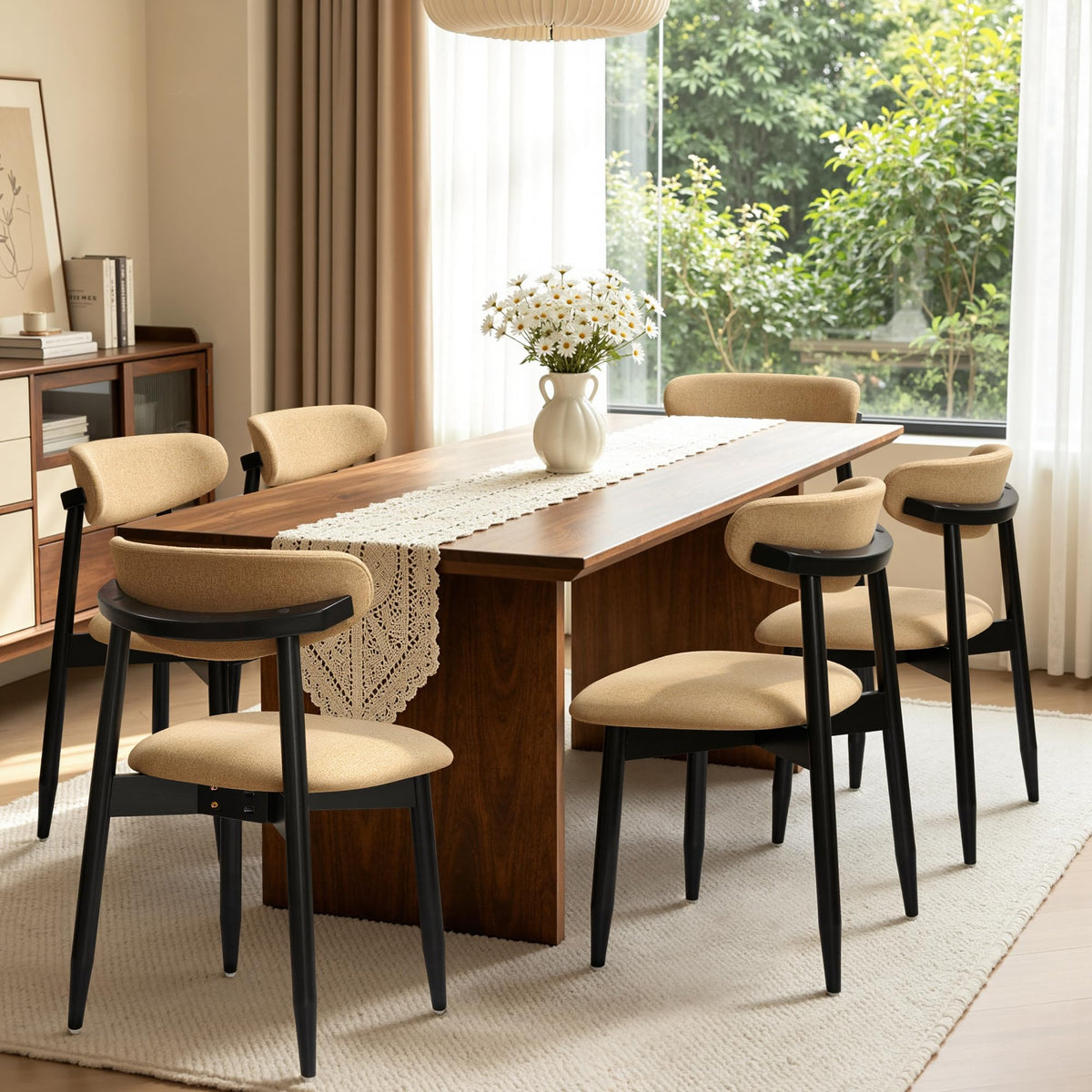 CHUN YI Dining Chairs Set of 4, Upholstered Wooden Dining Room Chairs, Mid Century Modern Fabric Kitchen Chair with Ergonomic Curved Backrest, Beige (Only Chairs)
