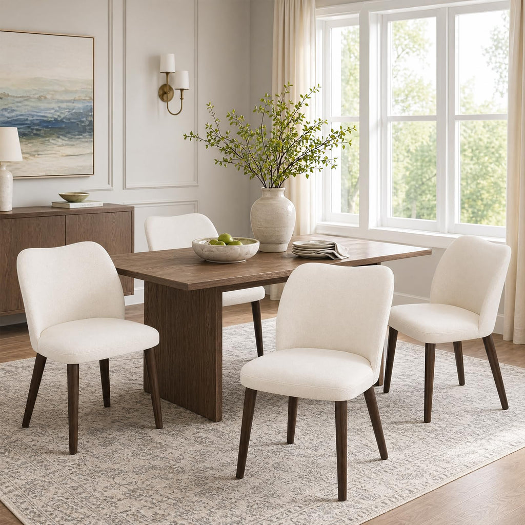 COLAMY Upholstered Dining Chairs Set of 6, Modern Kitchen & Dining Room Chairs with Curved Back, Fabric Padded Seat and Solid Wood Legs, Side Chairs for Restaurant, Cafe & Home, Beige