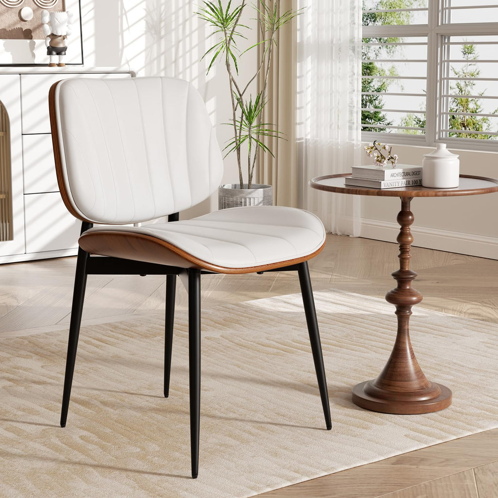 Dining Chairs Set of 2, Mid Century Modern Dining Room Chair, Upholstered Faux Leather Kitchen Chairs with Walnut Bentwood Back and Metal Legs for Kitchen Dining Room Living Room, Black