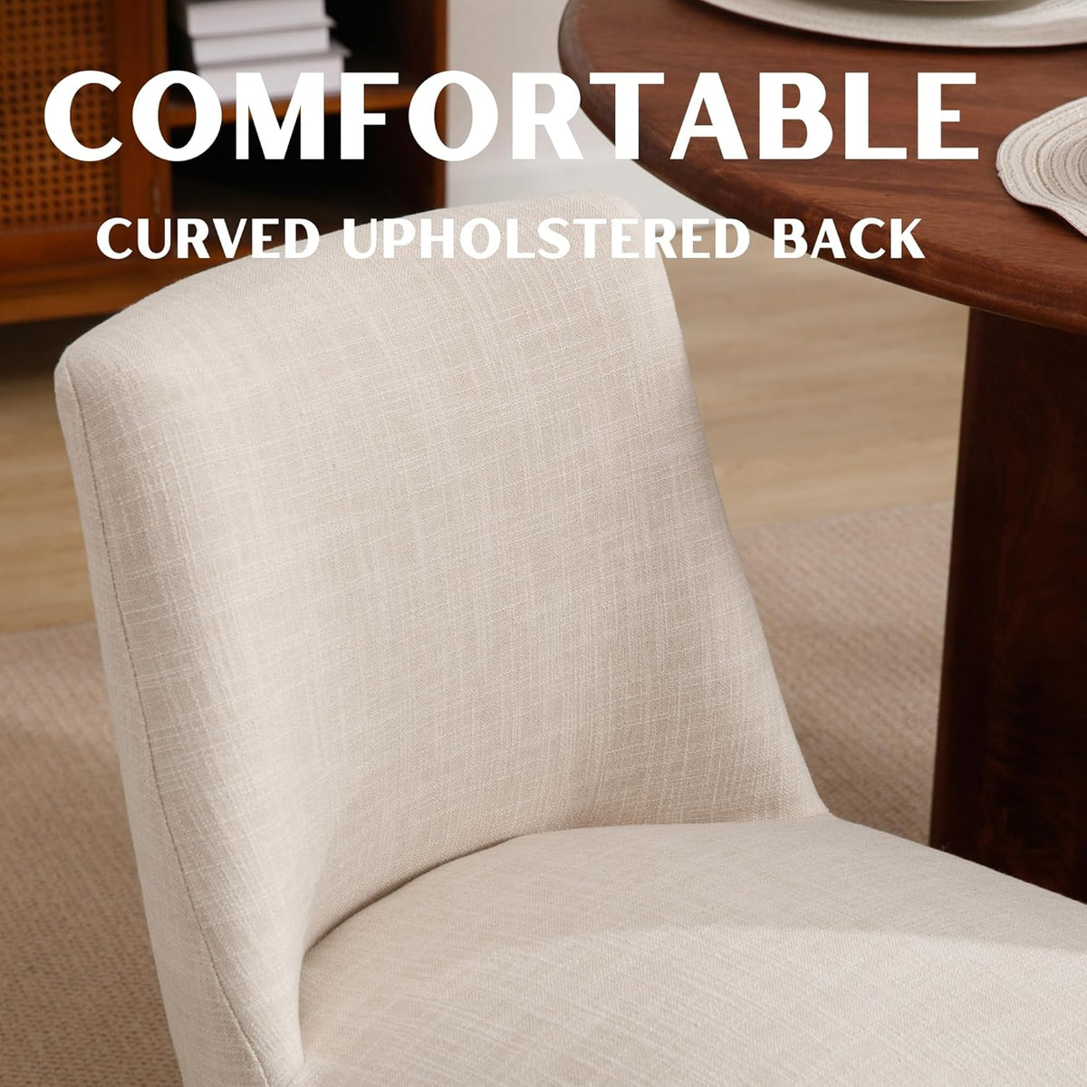 RIVOVA Upholstered Dining Chairs Set of 4, Modern Wooden Dining Room Chair Linen Fabric Kitchen Chairs Farmhouse Dinner Chair with Hardwood Frame, Beige